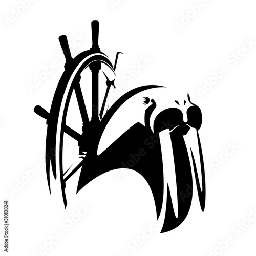 walrus and ship steering wheel - wild sea animal as ship captain black and white vector portrait