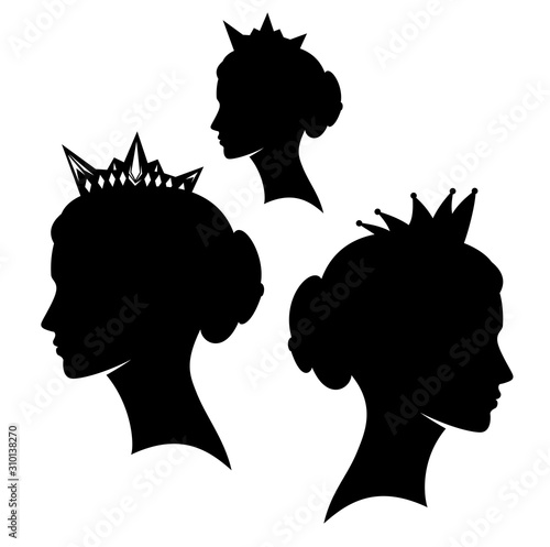 beautiful female silhouette head profile with royal crown - elegant princess or queen black vector side view portrait
