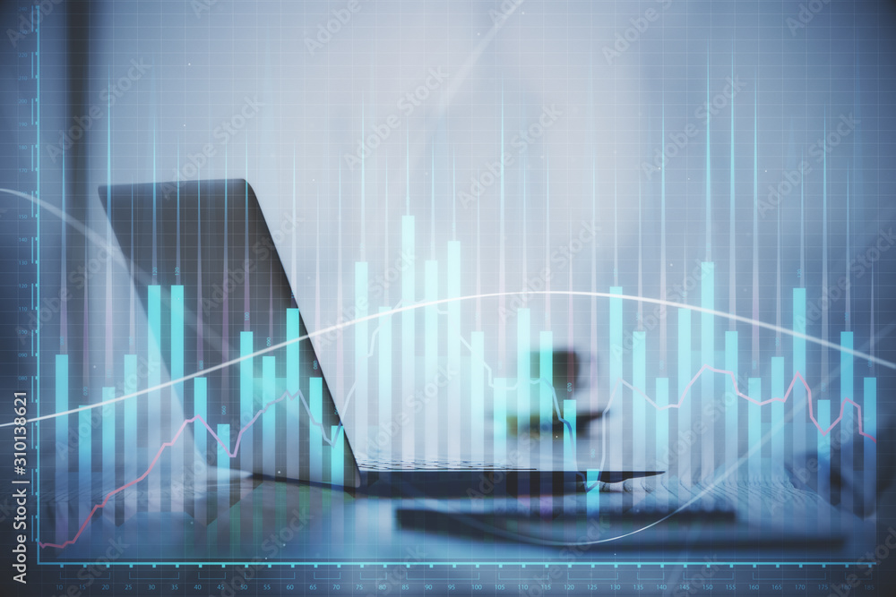Double exposure of graph and financial info and work space with computer background. Concept of international online trading. Double exposure of graph and financial info and work space with computer background. Concept of international online trading.