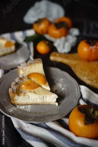 Sour cream pie with persimmon. Delicious Thanksgiving Dessert. 
