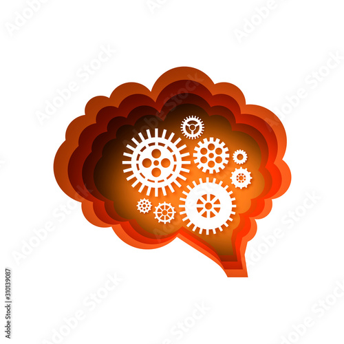 Brain, gears and cogs working together. Brainstorm paper cut style. Origami brain and thinking process, good idea, brain activity, insight. Orange.
