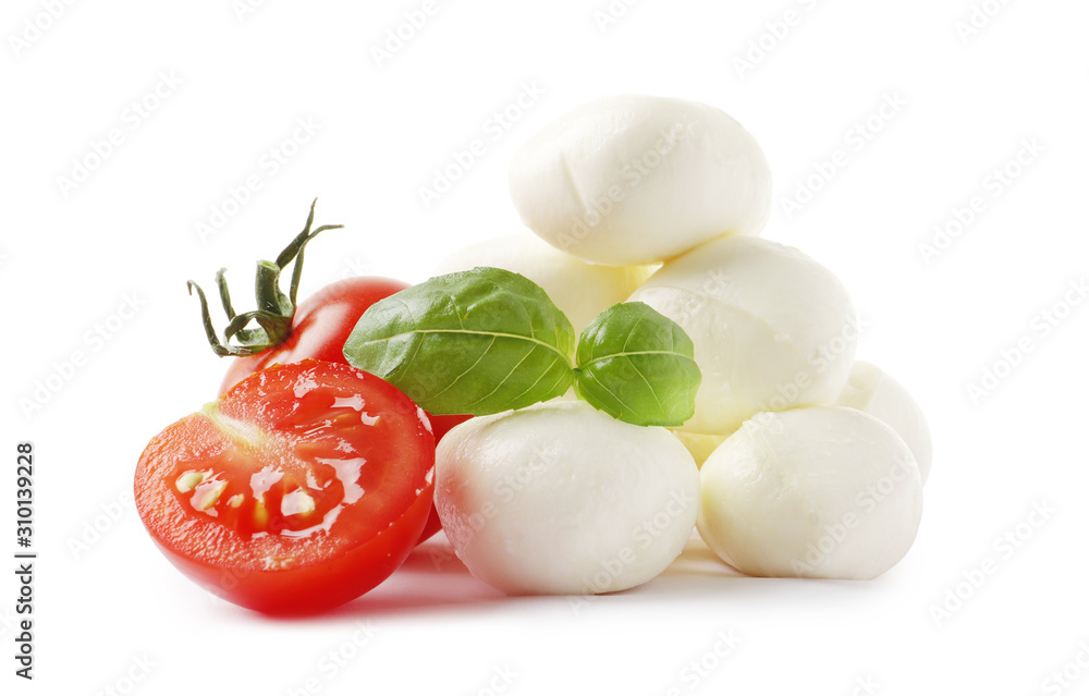 Mozzarella with tomatoes and basil isolated on white background. Top view Mozzarella with tomatoes and basil isolated on white background. Top view