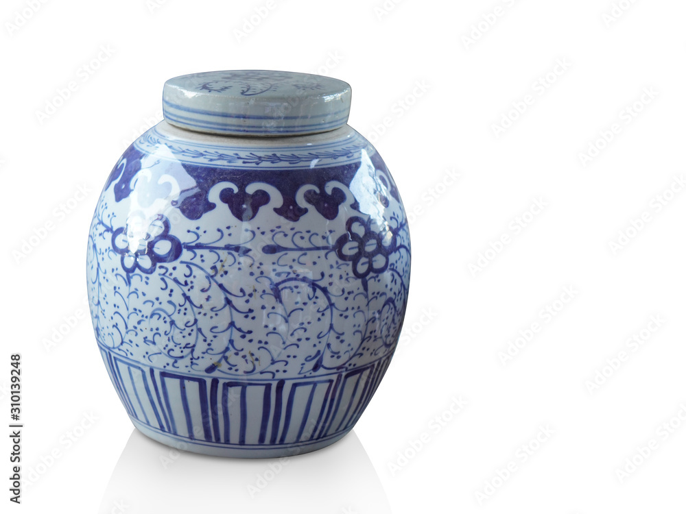 Di cut antique blue ceramic and lid on white background, vintage, object, copy space Di cut antique blue ceramic and lid on white background, vintage, object, copy space