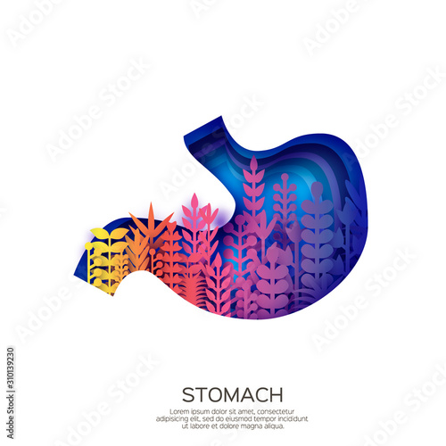 Human Stomach in paper cut style. Purple origami layered organ with colorful leaves on white background.