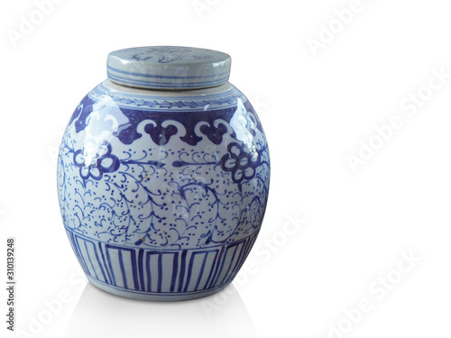 Di cut antique blue ceramic and lid on white background, vintage, object, copy space