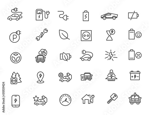 Set of linear electric car icons. Chrager station icons in simple design. Vector illustration