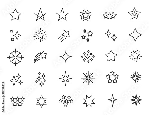 Set of linear stars icons. Stars twinkle icons in simple design. Vector illustration
