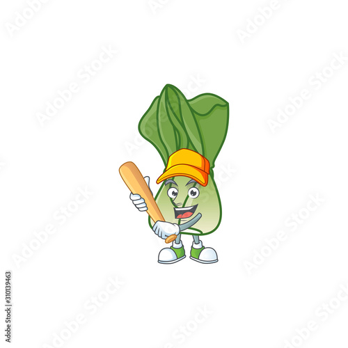 Funny smiling bok choy cartoon mascot with baseball