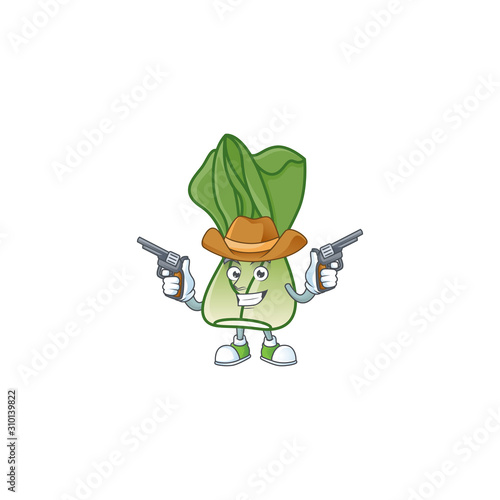 Smiling bok choy mascot icon as a Cowboy holding guns