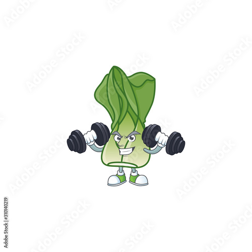 Fitness exercise bok choy mascot icon with barbells