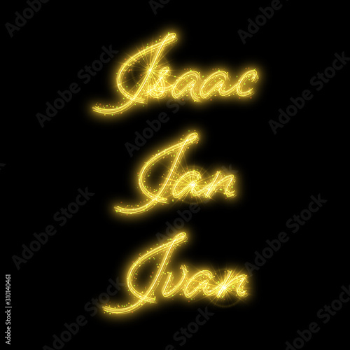 Male names made of sparkler. Design element for birthday card, bachelor party or wedding invitation