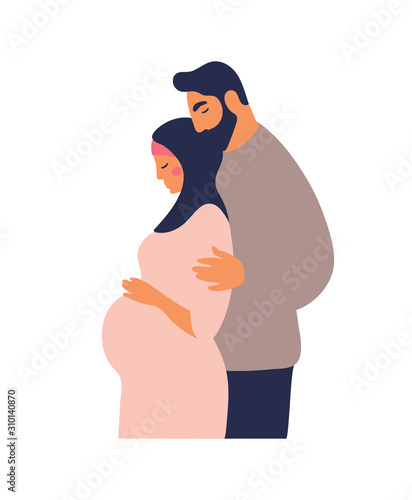 Traditional Muslim family expecting a baby. Pregnant woman with a husband. Arab family. Flat vector illustration isolated on white background.