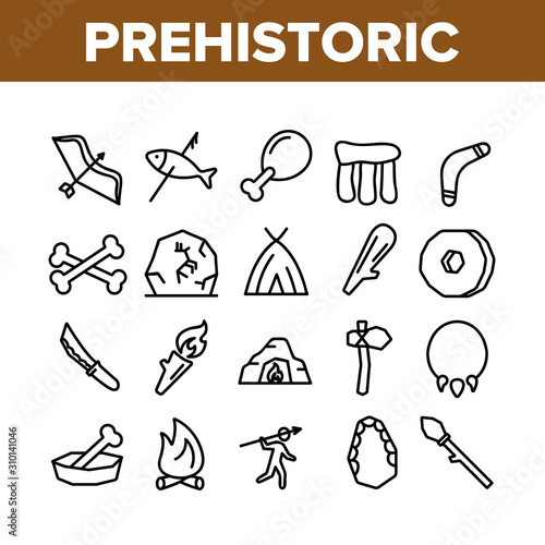 Prehistoric Primitive Collection Icons Set Vector Thin Line. Bone In Bowl And Chicken Leg, Burning Campfire And Cave, Prehistoric Bludgeon Concept Linear Pictograms. Monochrome Contour Illustrations