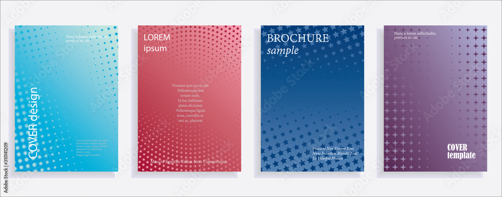 Minimalistic cover design templates. Set of layouts for covers of books, albums, notebooks, reports, magazines. Star halftone gradient effect, flat modern abstract design. Geometric mock-up texture