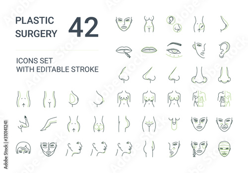 Plastic surgery icons set. Medical icons in modern flat minimalistic line style with editable stroke.