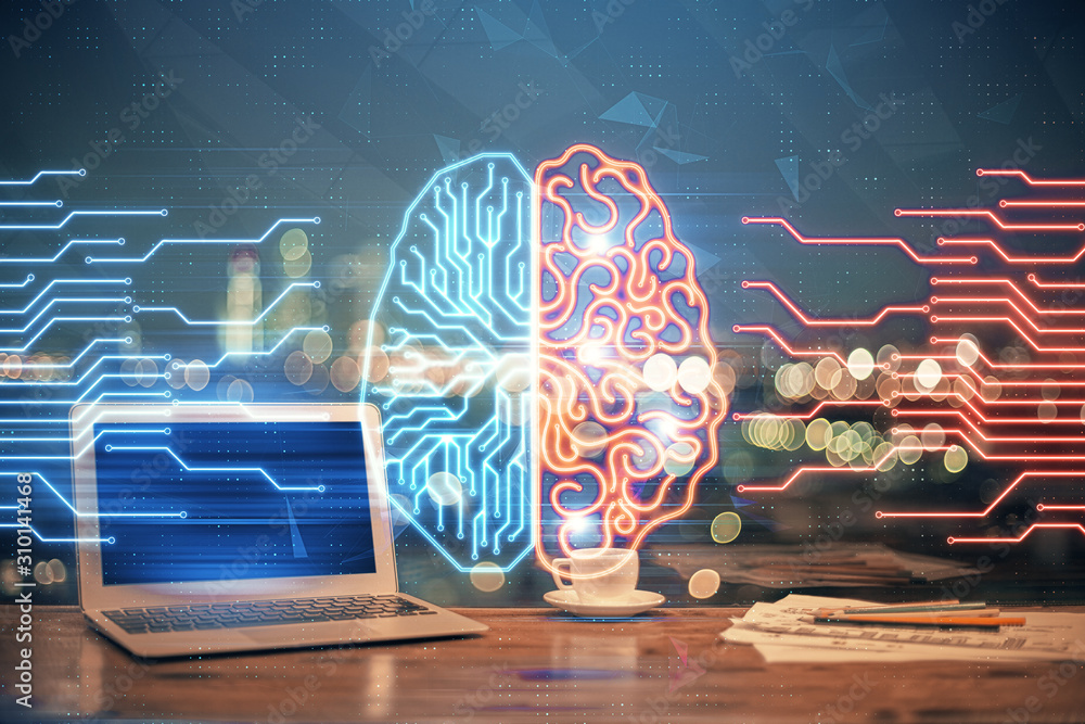 Fototapeta premium Multi exposure of work table with computer and brain hologram. Brainstorm concept.