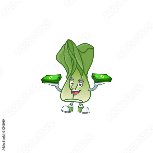 Happy face bok choy character with money on hand