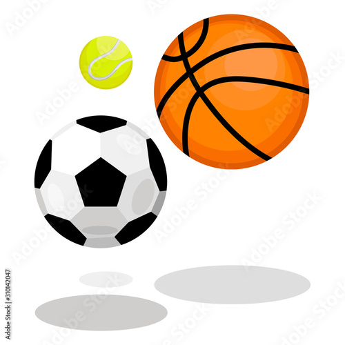 Sports equipment - balls for football, basketball and tennis. Vector Isolated Objects