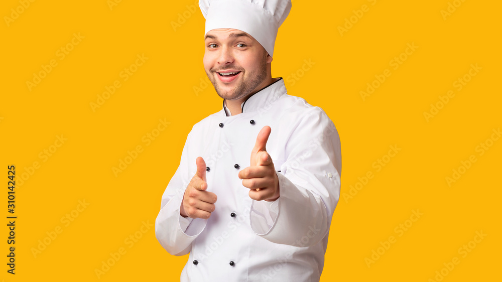 Positive Chef Guy Pointing Fingers Posing In Studio, Panorama
