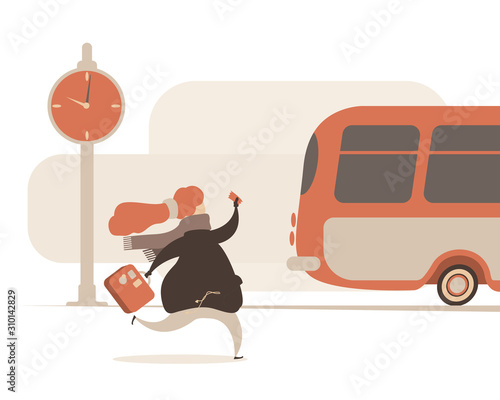 Flat illustration with girl running to catch bus.
