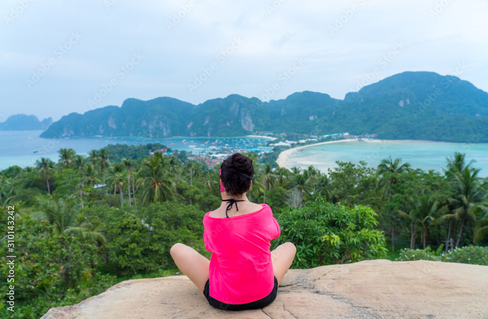 young cute hipster girl travelling at beautiful blue sky paradise tropical  coast beach PP Island Krabi Phuket Thailand guiding idea for long weekend  female relax rest woman women planning life