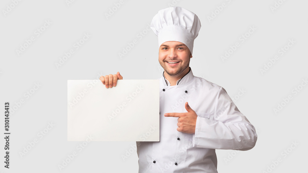 Chef Man Holding White Board Standing Over Studio Background, Mockup Chef Man Holding White Board Standing Over Studio Background, Mockup