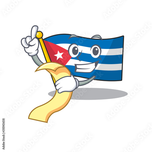 Flag cuba Scroll cartoon character holding menu ready to serve