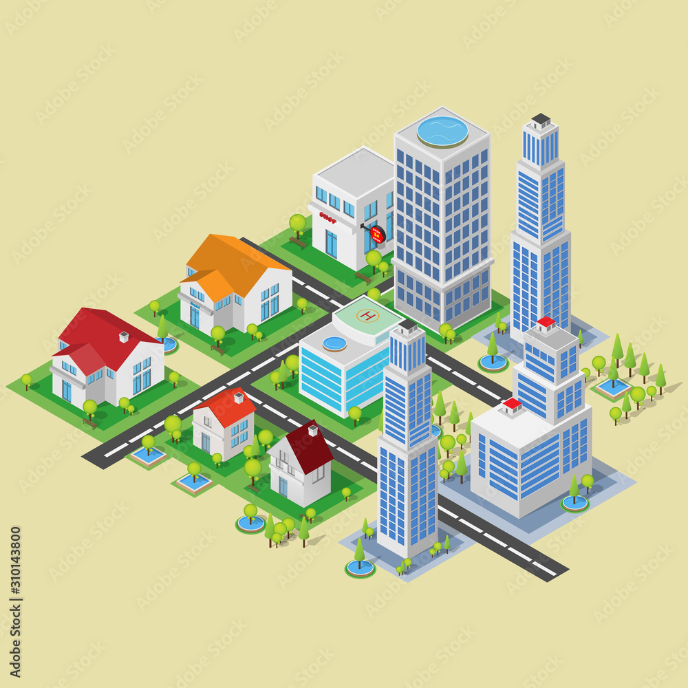 Vector 3d Isometric set plant buildings streets, roads, trees. Urban infrastructure of city metropolis.