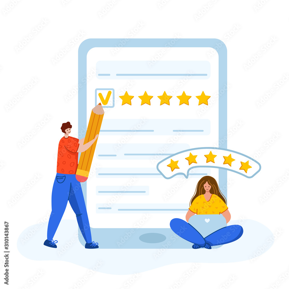 Client feedback concept, people - girl and guy working with customers review and feedback, online service evaluation. flat modern tiny people and huge computer monitor, rank and rating stars, Vector