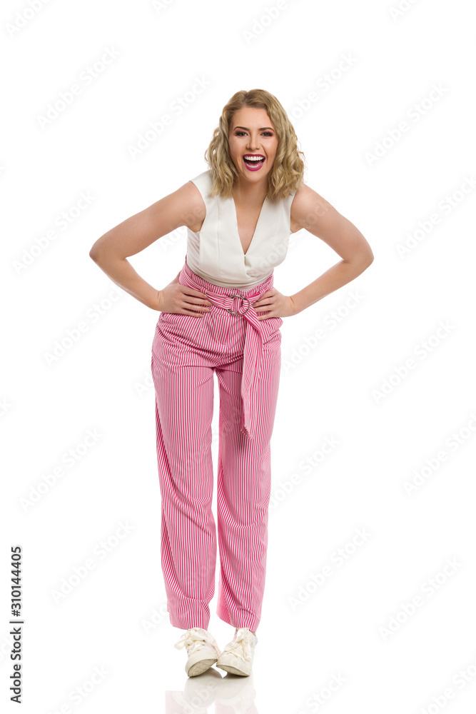 Laughing Woman In Striped Wide Legs Trousers Laughing Woman In Striped Wide Legs Trousers