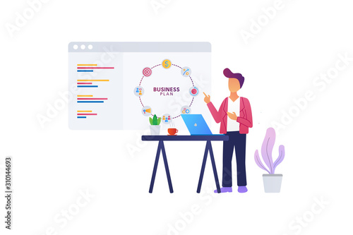 Businessman or manager is presenting or explain business planning with laptop and coffee on the table. Business plan, presentation concept. Vector flat illustration