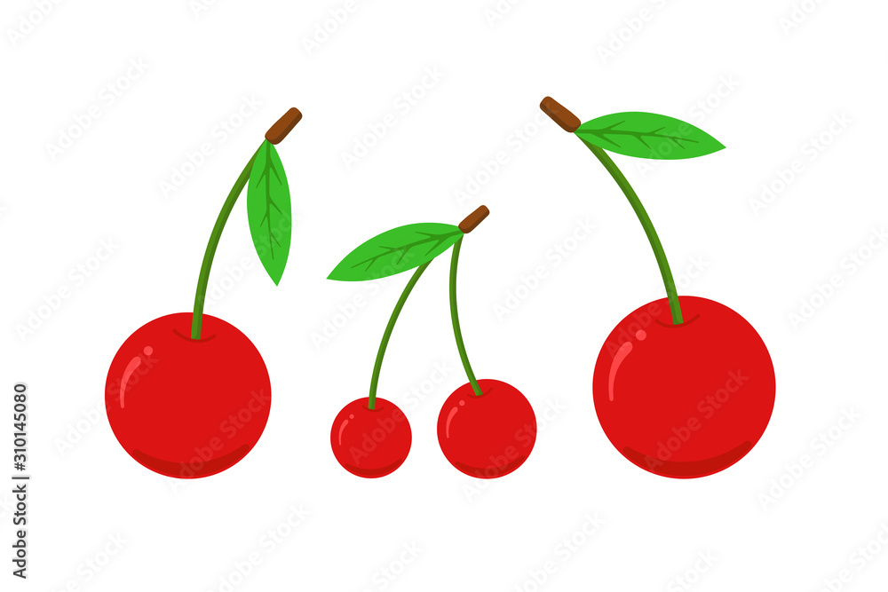 Cherry flat icon set. Fresh sweet natural red berry isolated vector illustration Cherry flat icon set. Fresh sweet natural red berry isolated vector illustration
