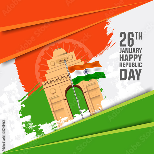 26 January, Happy Republic Day India greeting card. Vector illustration for 26th january Republic Day India lettering banner with national flag and text.