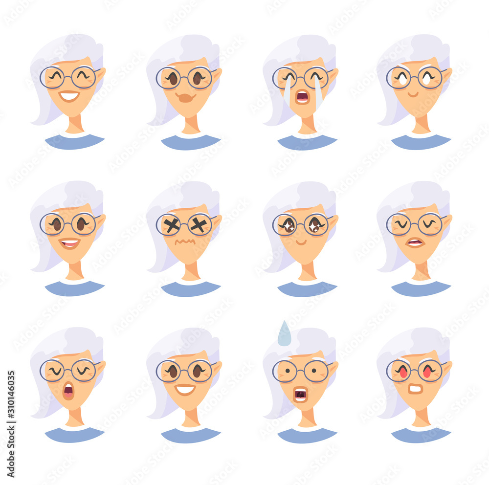 Set of caucasian female emotional characters. Cartoon style people emoticon  icons. Holiday elderly guys avatars. Flat illustration women faces. Hand  drawn vector drawing emoji portraits Stock Illustration | Adobe Stock