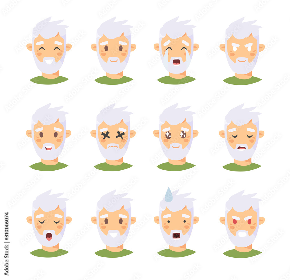 Set of caucasian male emotional characters. Cartoon style people emoticon icons. Holiday elderly guys avatars. Flat illustration men faces. Hand drawn vector drawing emoji portraits Set of caucasian male emotional characters. Cartoon style people emoticon icons. Holiday elderly guys avatars. Flat illustration men faces. Hand drawn vector drawing emoji portraits