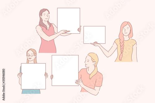Project demonstration, business presentation concept. Exhibition, picture showing, exposition, young women with empty frames, smiling girls with blank paper sheets. Simple flat vector