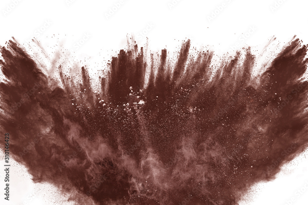 Brown color powder explosion on white background. Brown color powder explosion on white background.