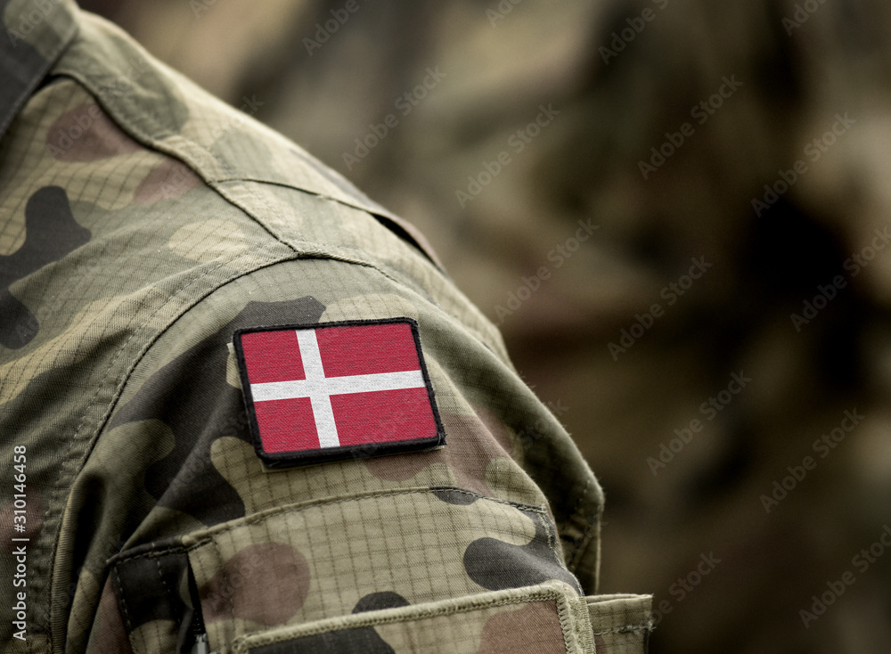 Flag of Denmark on military uniform. Army, armed forces, soldiers. Collage.  foto de Stock | Adobe Stock