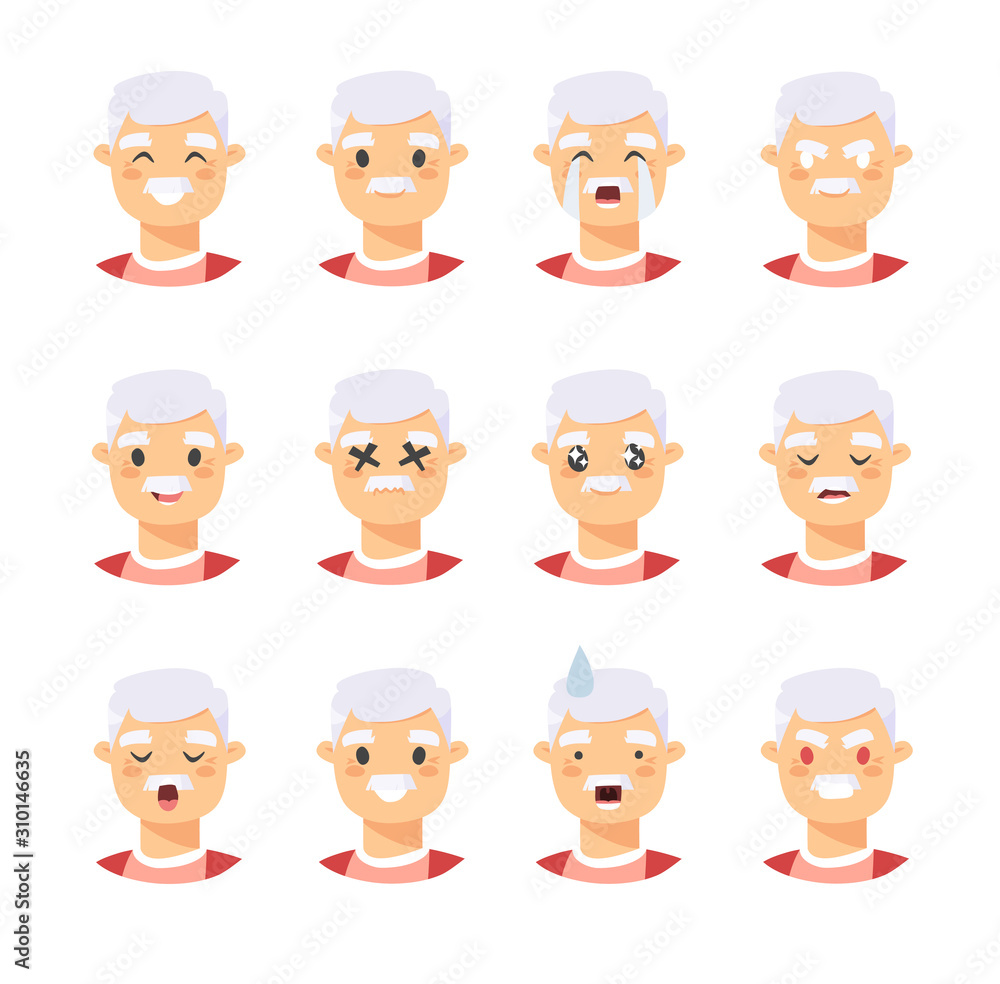 Set of caucasian male emotional characters. Cartoon style people emoticon icons. Holiday elderly guys avatars. Flat illustration men faces. Hand drawn vector drawing emoji portraits Set of caucasian male emotional characters. Cartoon style people emoticon icons. Holiday elderly guys avatars. Flat illustration men faces. Hand drawn vector drawing emoji portraits