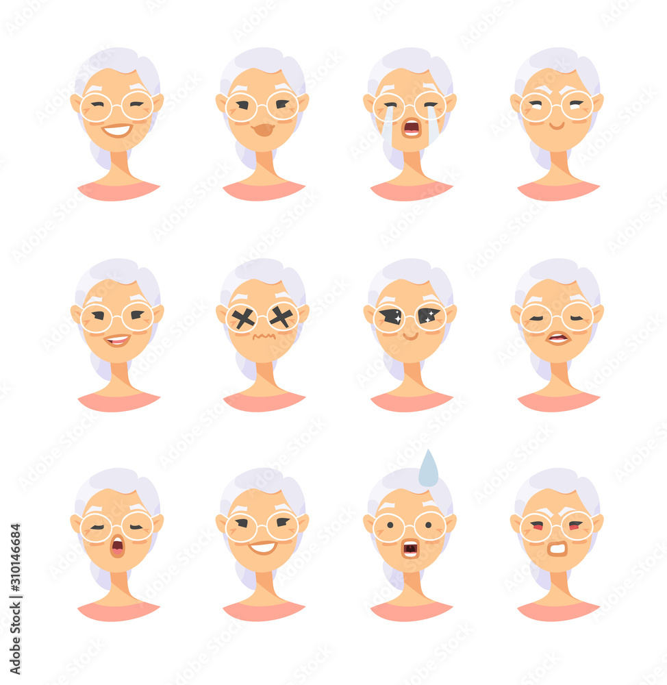 Set of asian female emotional characters. Cartoon style people emoticon icons. Holiday elderly guys avatars. Flat illustration women faces. Hand drawn vector drawing emoji portraits Set of asian female emotional characters. Cartoon style people emoticon icons. Holiday elderly guys avatars. Flat illustration women faces. Hand drawn vector drawing emoji portraits