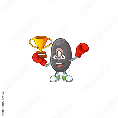 Super cool Boxing winner black beans in mascot cartoon style