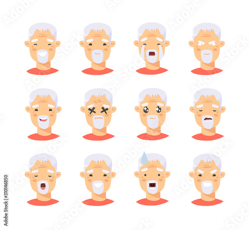 Set of asian male emotional characters. Cartoon style people emoticon icons. Holiday elderly guys avatars. Flat illustration men faces. Hand drawn vector drawing emoji portraits