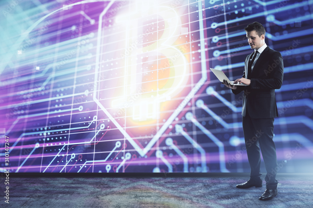 Man and blockchain theme hologram. Multi exposure. Concept of cryptocurrency Man and blockchain theme hologram. Multi exposure. Concept of cryptocurrency