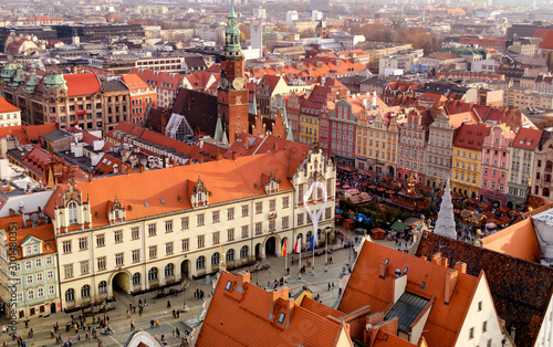 Wroclaw main square Rynek with Traditional Festive Christmas market. View from the top of central Tower. Poland.