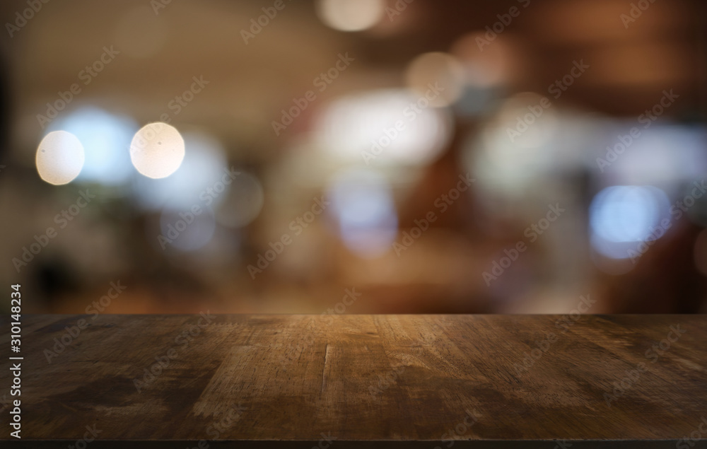Empty dark wooden table in front of abstract blurred bokeh background of restaurant . can be used for display or montage your products.Mock up for space. - obrazy, fototapety, plakaty 