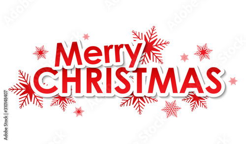MERRY CHRISTMAS red vector typography banner with snowflakes