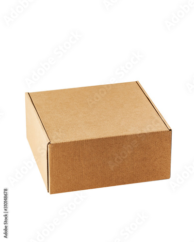 Kraft cardboard square closed box top view. The box is carved on a white background. © Виктория Попова