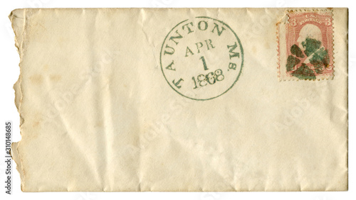 Taunton, Massachusetts, The USA - 1 April 1868: US historical envelope: cover with red-brown postage stamp, three cents George Washington, Fancy cancel