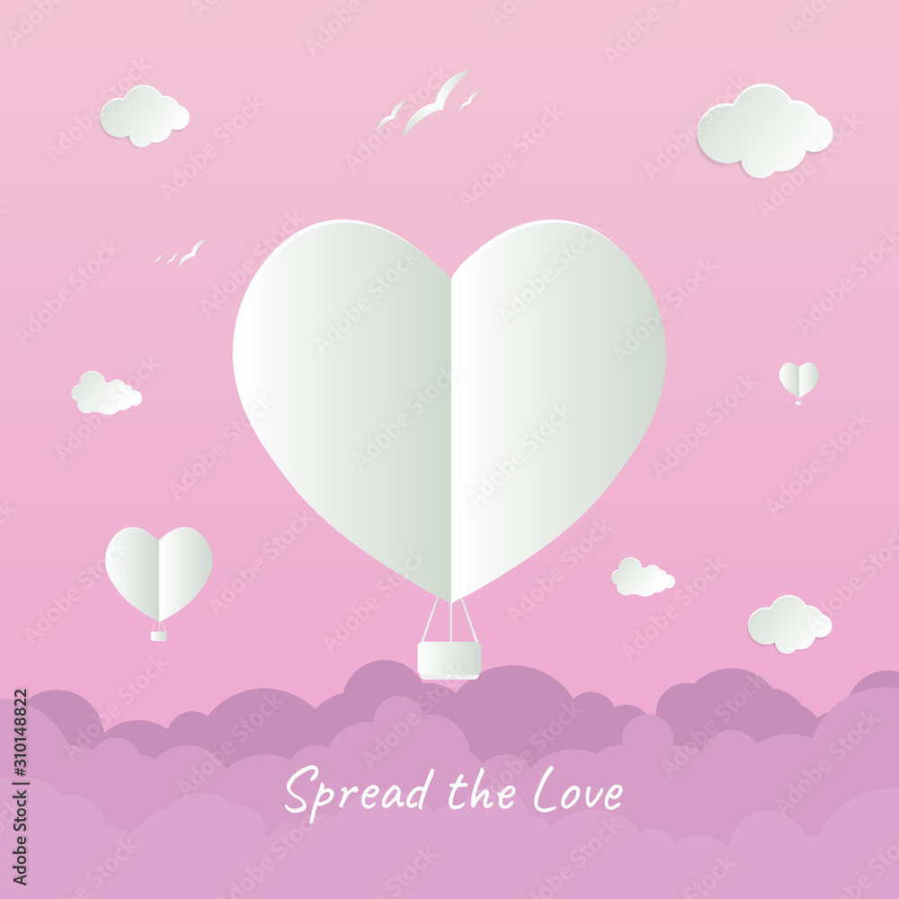 Pink love shape air ballon paper cut. For greeting card in valentine day on february. Full of clouds and birds.