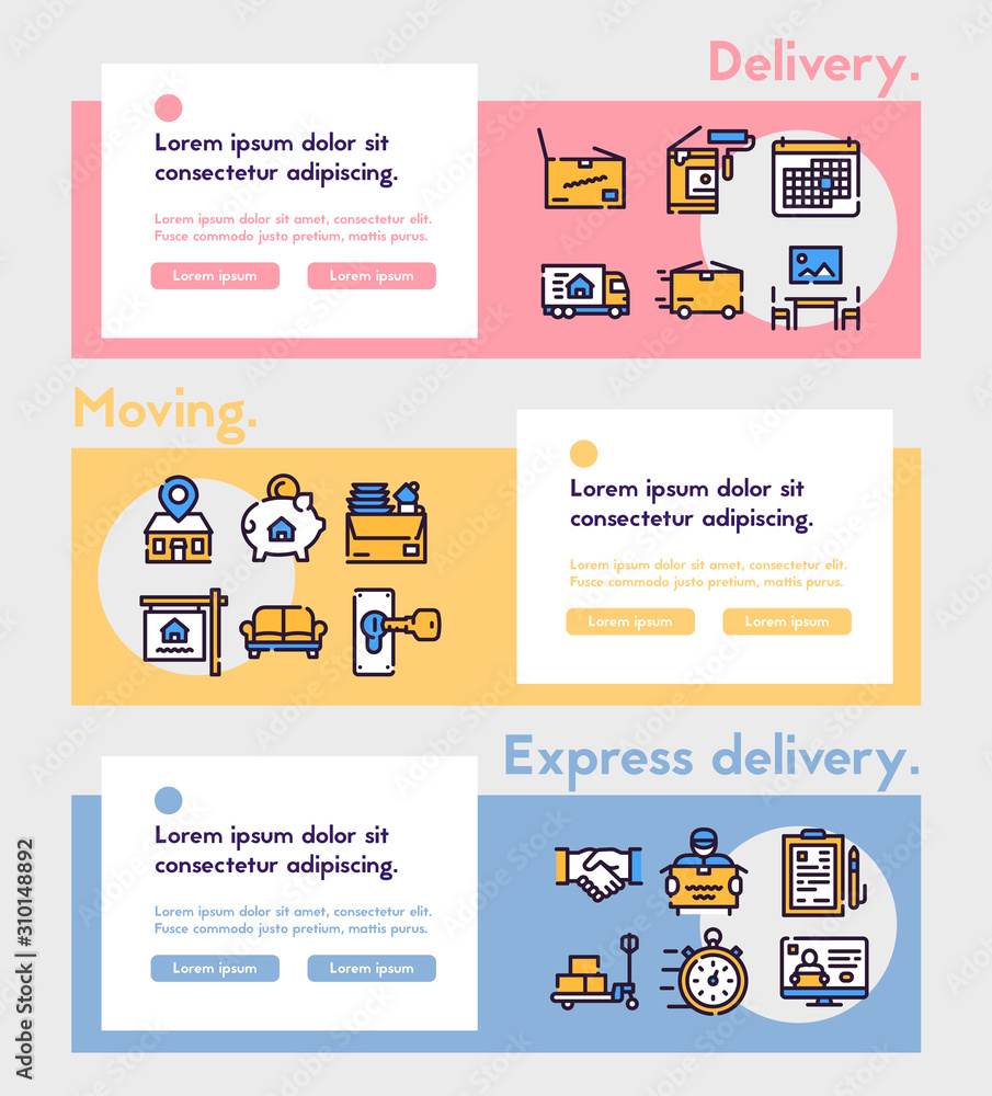 Moving items color linear icons set Moving items color linear icons set